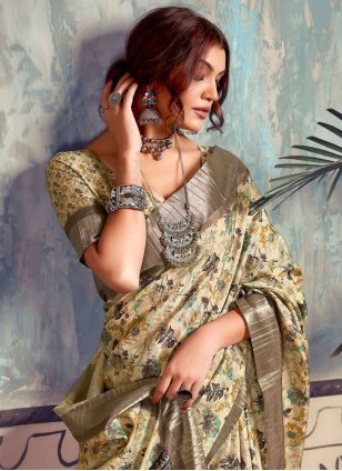 Green Silk Printed Designer Saree