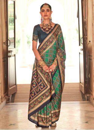 Green Silk Printed Designer Sari
