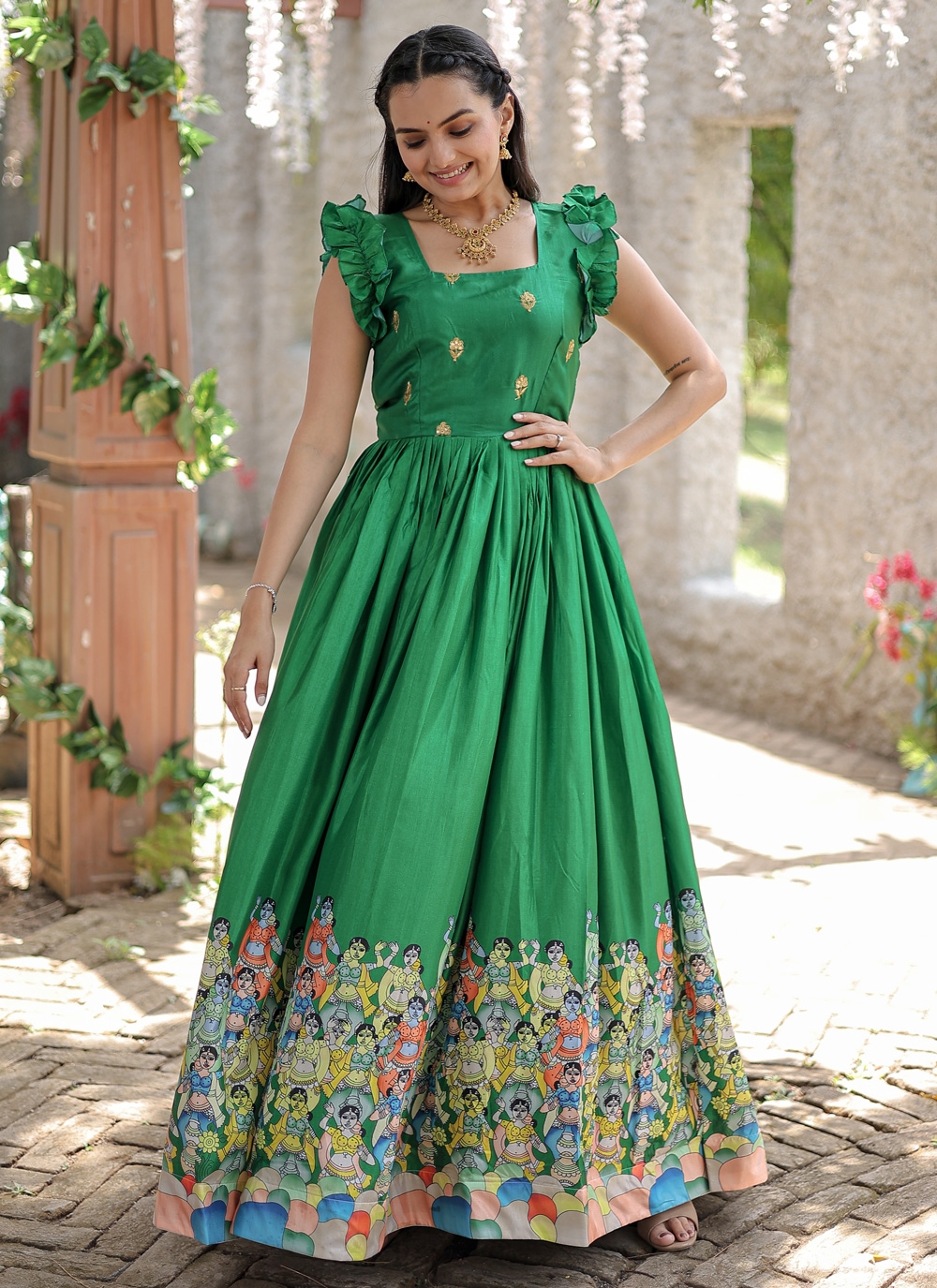 Party Wear Rama Color Sequence embroidery work Gown - Gowns - Indian