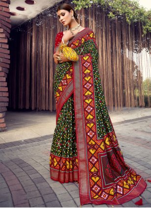 Green Tussar Silk Foil Print Contemporary Sari