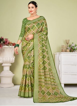 Green Tussar Silk Printed Trendy Sari