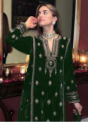 
                            Green Velvet Embroidered Salwar suit