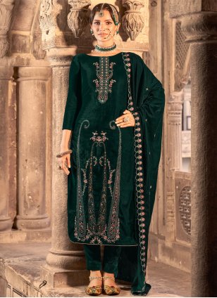 Green Velvet Embroidered Trendy Salwar Suits