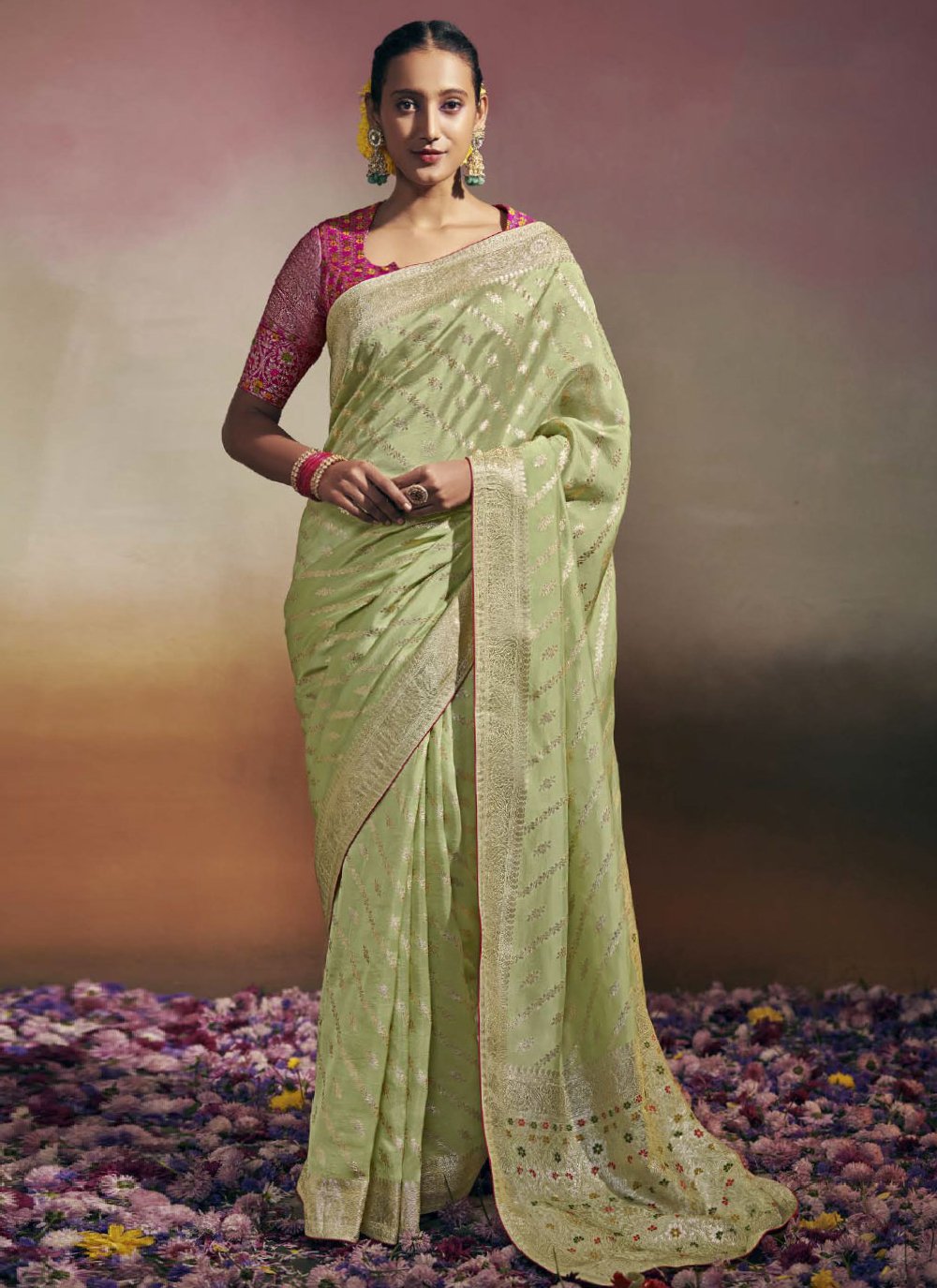 Buy Green Viscose Embroidered Designer Sari Online Canada