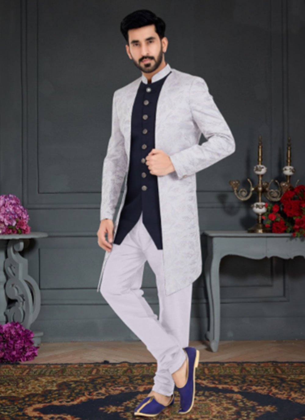 grey and blue jacquard weaving party wear indo western for men 80690