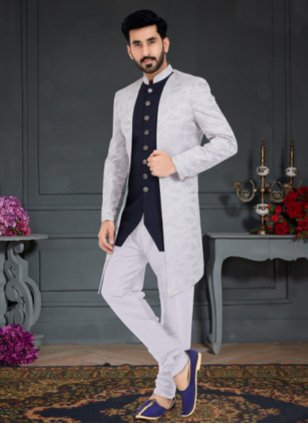 Grey and Blue Jacquard Weaving Party Wear Indo Western for Men