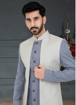 Men's Grey and Off White Jacquard Weaving Indo Western for Weeding Party