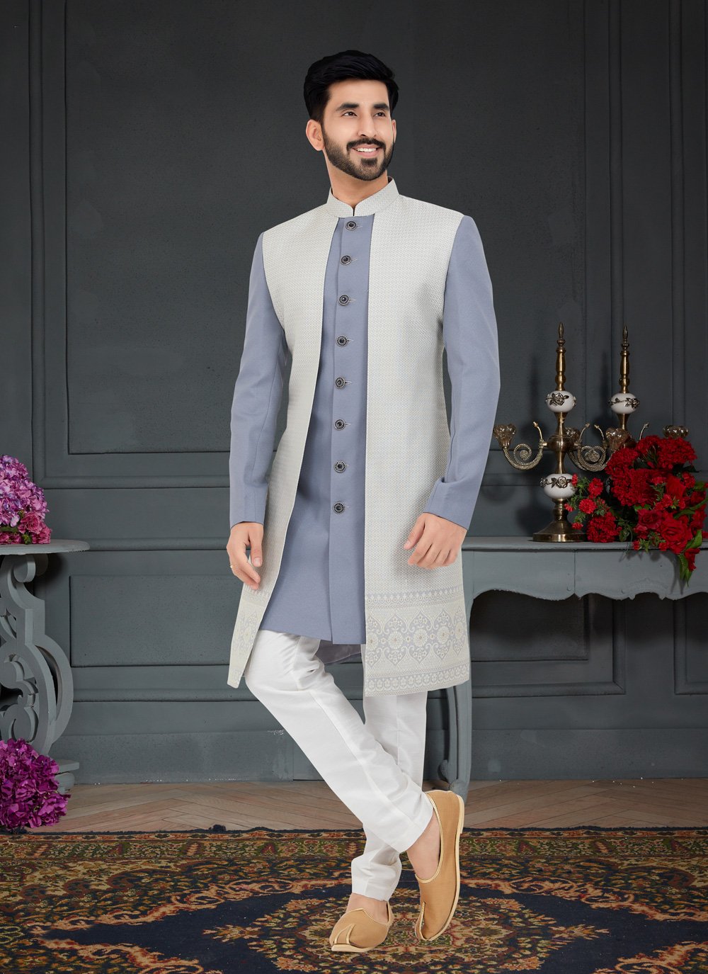 Men's Grey and Off White Jacquard Weaving Indo Western for Weeding Party