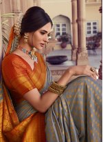 Grey and Orange Chiffon Weaving Trendy Sari