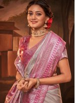 Grey and Pink Kanchipuram Silk Weaving Trendy Saree