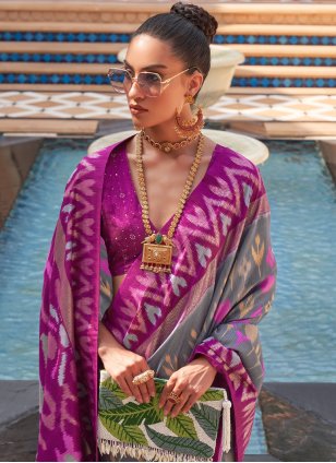 
                            Grey and Purple Patola Silk Patola Print Trendy Sari