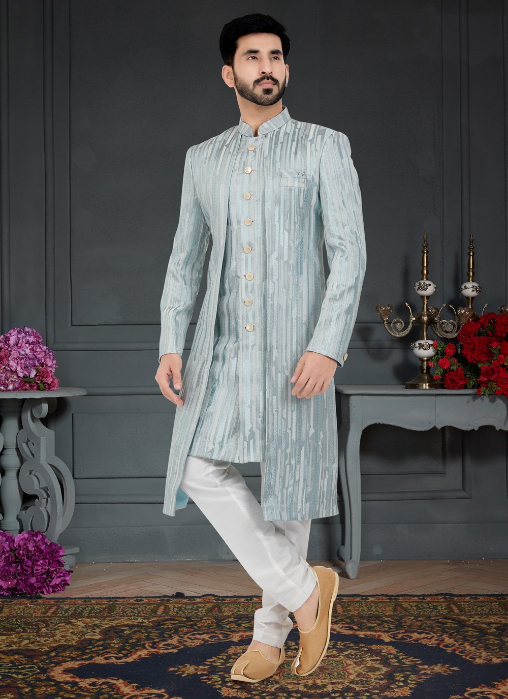 Designer Grey and Turquoise Imported Fancy Work Indo Western for Men
