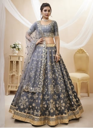 Designer Grey Art Silk Embroidered Wedding Lehenga Choli