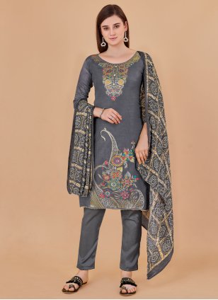 Grey Banarasi Silk Jacquard Trendy Salwar Kameez