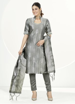 Grey Banarasi Silk Woven Pant Style Suit