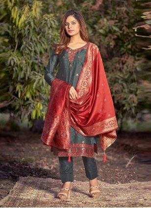 Grey Banarasi Silk Woven Trendy Salwar Suits