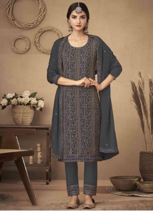 Grey Chinon Embroidered Salwar suit