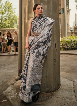 Grey Cotton  Chikankari Contemporary Sari