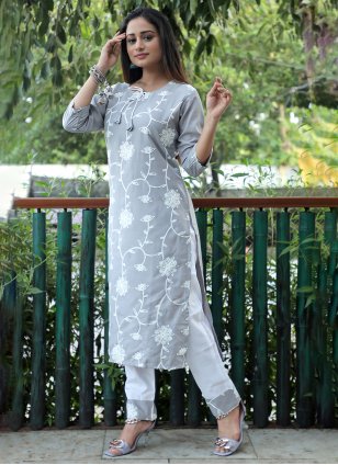 Grey Cotton  Embroidered Casual Kurti