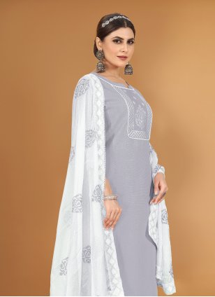 Grey Cotton  Embroidered Pant Style Suit