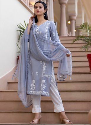 Grey Cotton  Embroidered Salwar suit