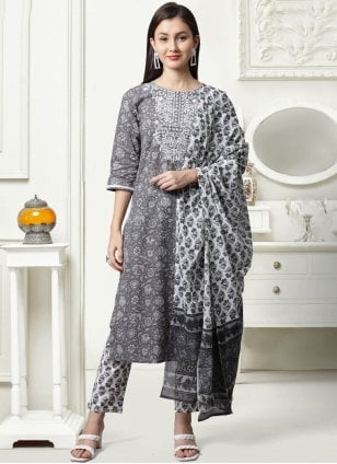 Grey Cotton  Embroidered Salwar suit