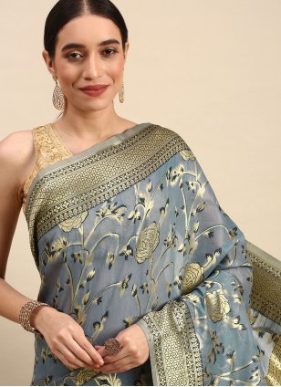 Grey Cotton  Weaving Contemporary Sari