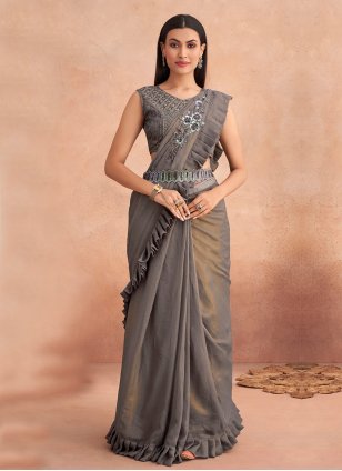 Lehenga Style Saree Online | Buy Silver Grey Ready To Wear Lehenga Saree