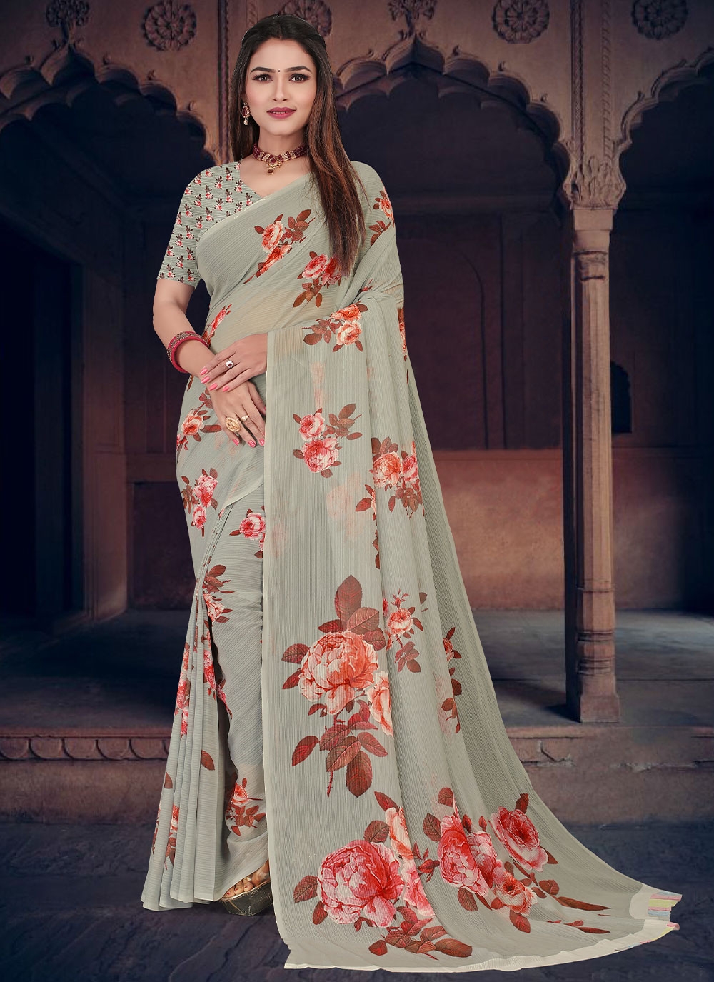 grey georgette digital print classic sari 80810