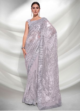 Grey Georgette Embroidered Classic Saree
