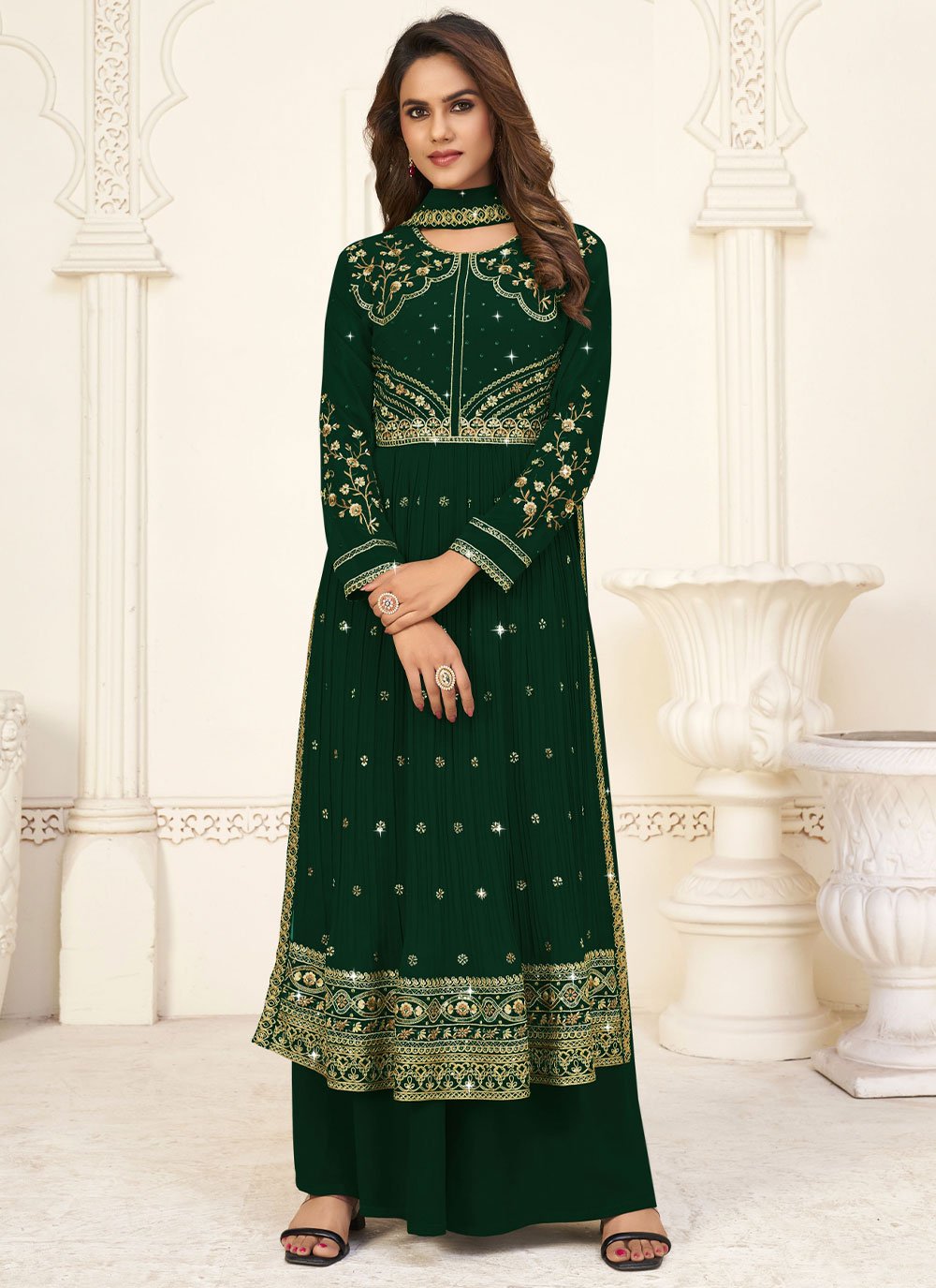 Grey Georgette Embroidered Readymade Salwar Suits