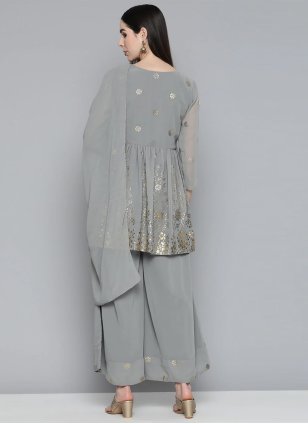 Grey Georgette Flower Print Trendy Salwar Suits