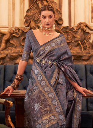 Grey Handloom Silk Sequins Designer Sari