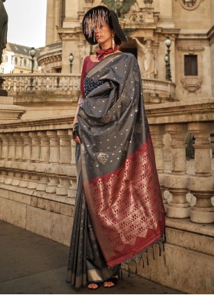 Grey Handloom Silk Weaving Designer Saree