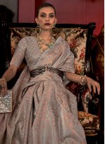 Grey Handloom Silk Weaving Designer Sari