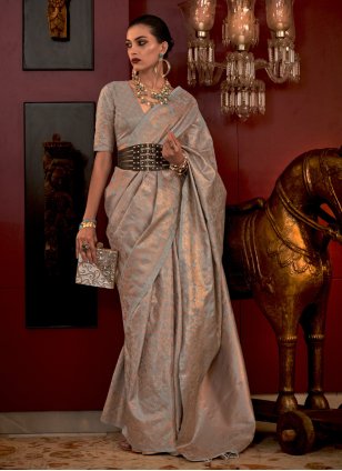 Grey Handloom Silk Weaving Designer Sari