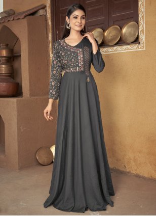 Grey Muslin Embroidered Gown