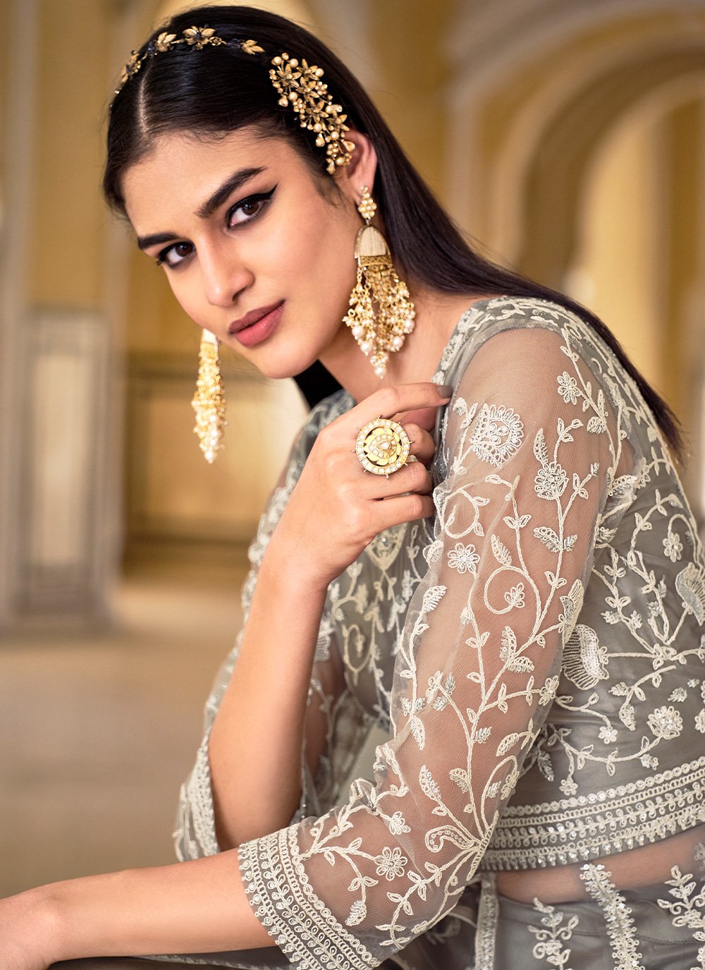 Buy Bollywood Sabyasachi Inspired Grey color Fine art silk bridal lehenga  choli in UK, USA and Can