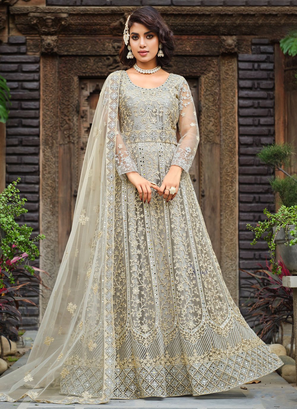 Buy online Grey Net Fit & Flare Gown from ethnic wear for Women by Vyaghri  for ₹12349 at 51% off | 2024 Limeroad.com