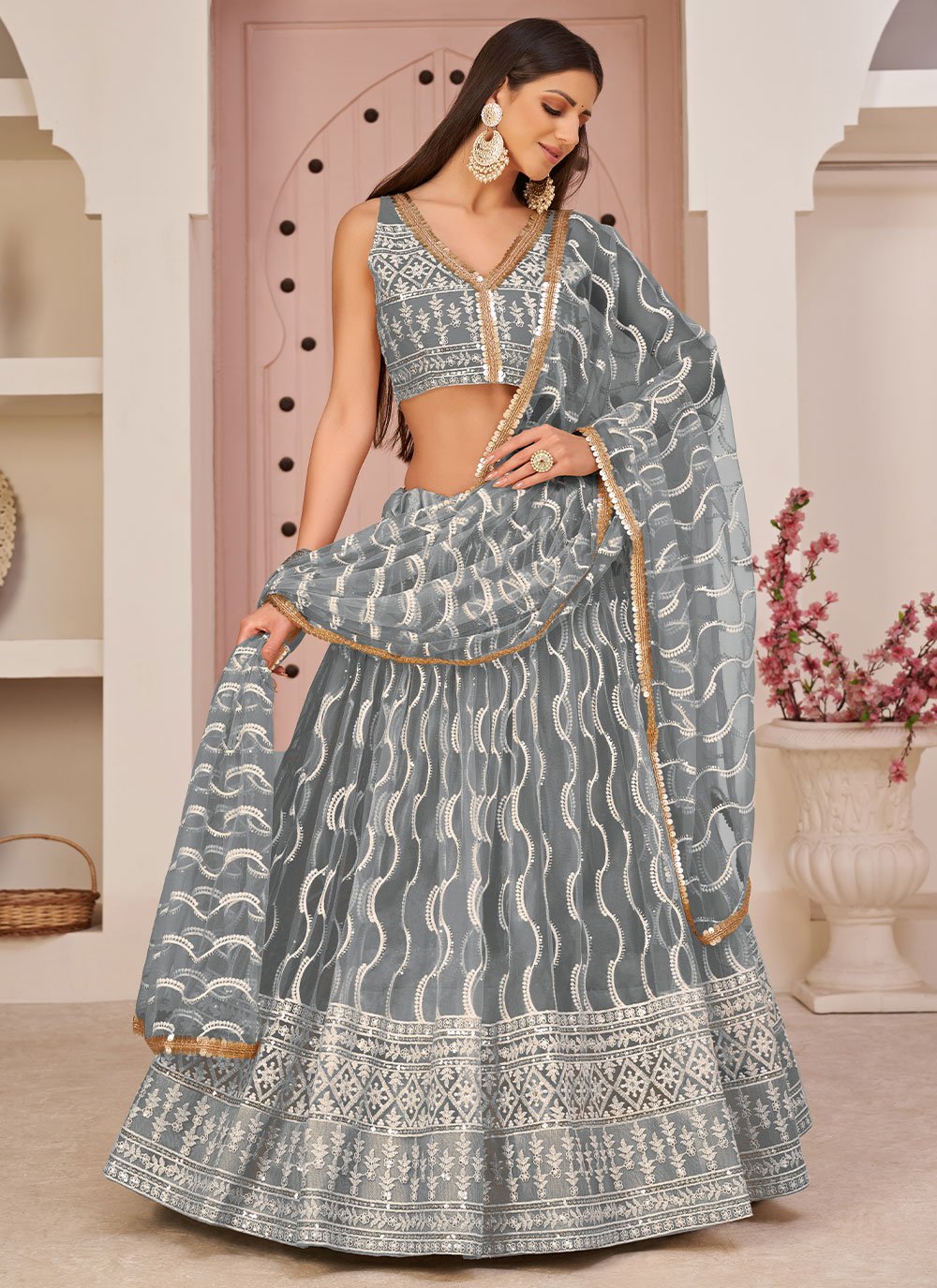 CHARMING BLACK NET EMBROIDERED CHOLI BLOUSE WITH LEHENGA GHAGRA WITH DUPATTA