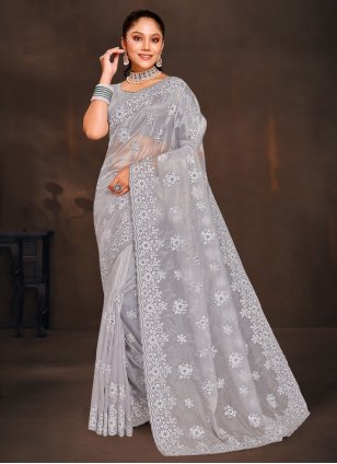 Grey Organza Embroidered Designer Sari