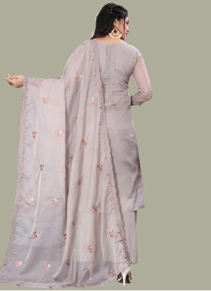 Grey Organza Embroidered Palazzo Salwar Suit
