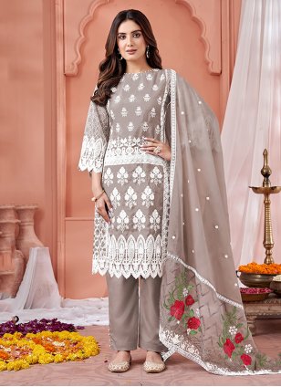 Grey Organza Embroidered Salwar suit