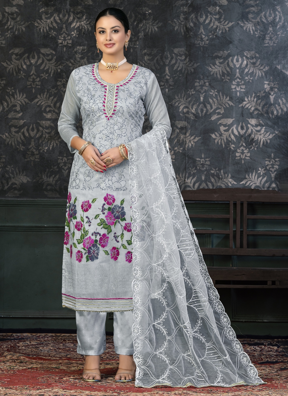 Embordered Self Design Chanderi Grey Suits Banarasi Silk Dupatta,  Embroidery at Rs 749 in Surat