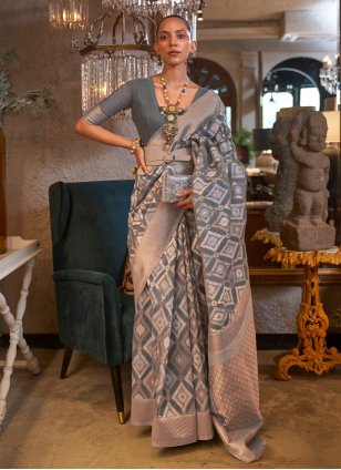 Grey Patola Silk Hand Work Trendy Sari