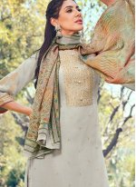 Grey Pure Silk Buttons Straight Cut Palazzo Salwar Suit