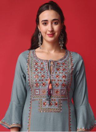 Grey Rayon Embroidered Trendy Salwar Suits