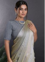 Grey Satin Printed Contemporary Sari