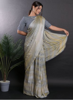 Grey Satin Printed Contemporary Sari