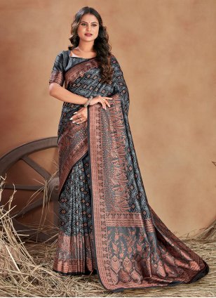 Grey Satin Woven Contemporary Sari
